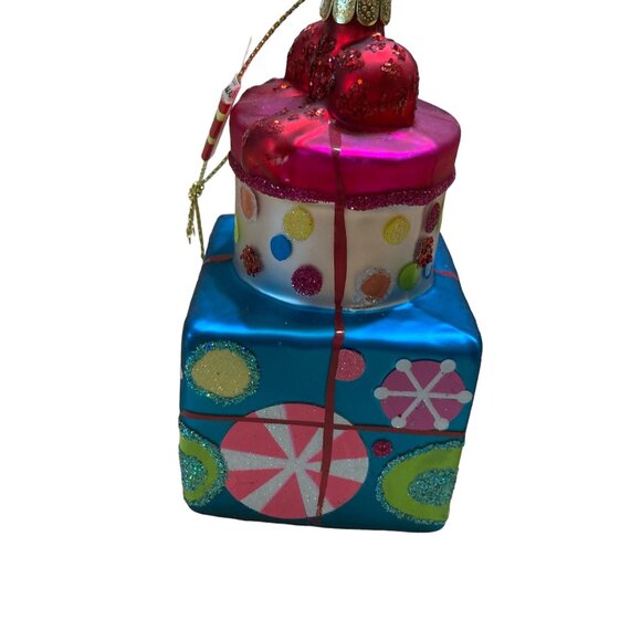 Glass Christmas Present Stacked Ornament Metallic Colors 4.5" tall 2.5" wide - Picture 1 of 4